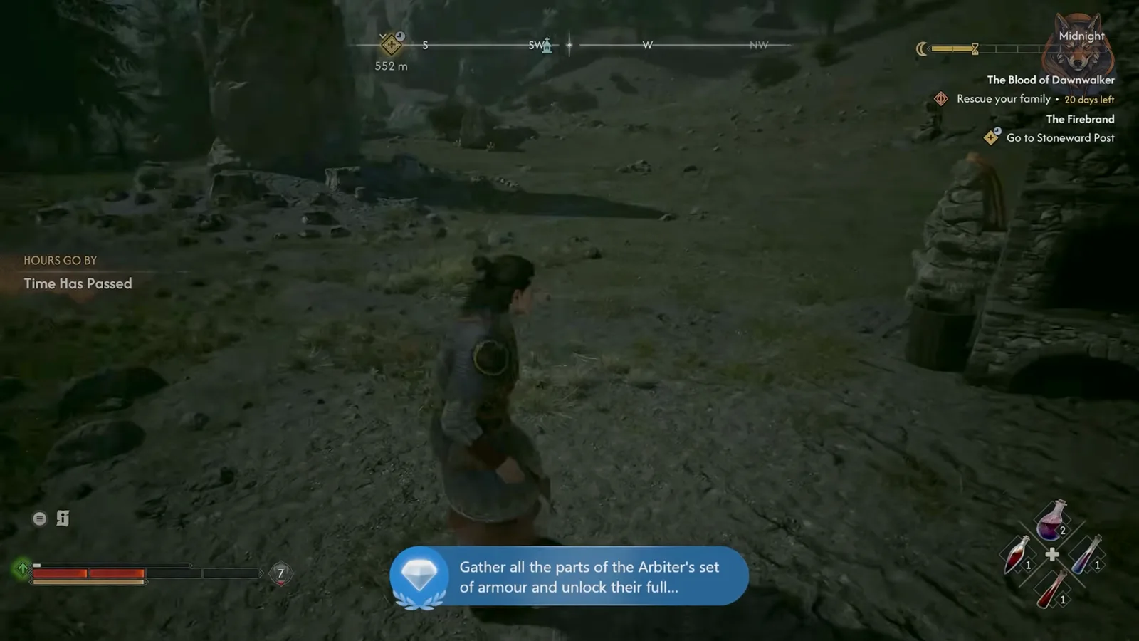 Coen wearing the golden Arbiter armor set in The Blood of Dawnwalker with the Gather-all-parts quest objective on screen