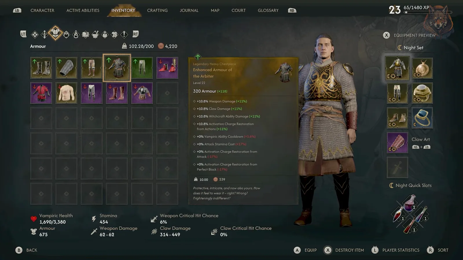 The Enchanted Armour of the Arbiter stats screen in The Blood of Dawnwalker showing 320 armour and its full bonus list