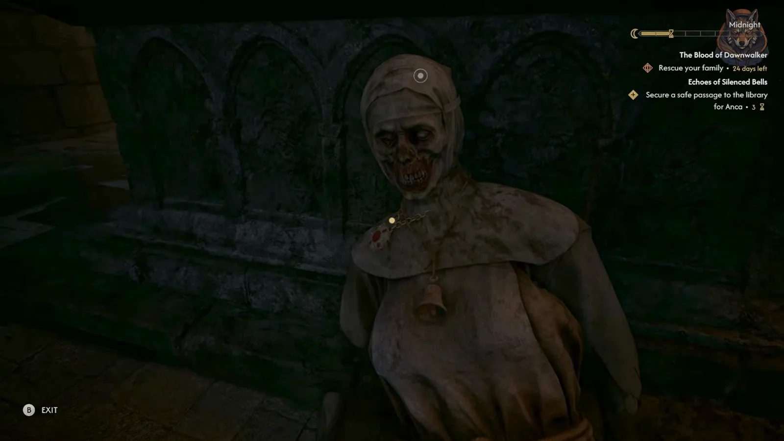 A skull-faced robed creature standing in The Blood of Dawnwalker monastery during the relic search