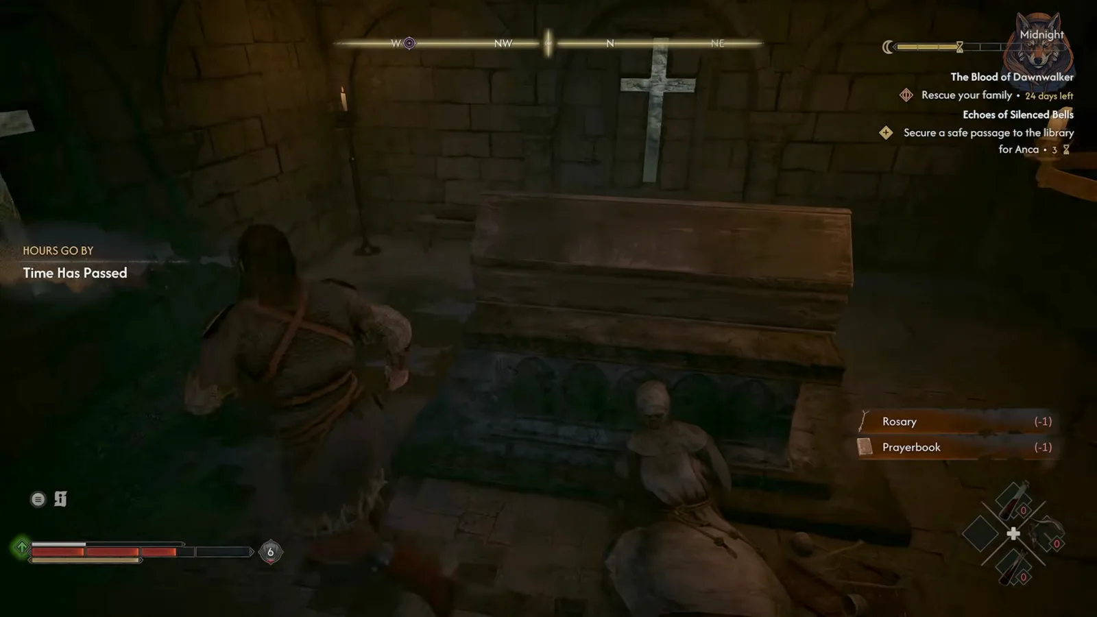 Looting a rosary and prayerbook from a monastery crypt altar in The Blood of Dawnwalker during Echoes of the Silenced Bells