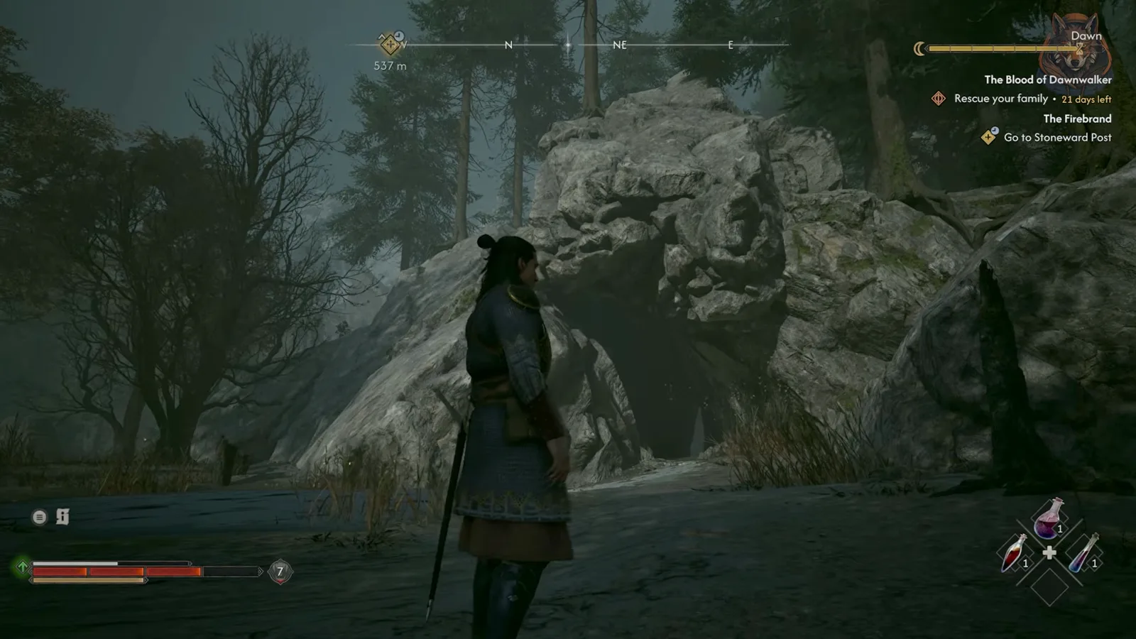 Approaching the Reliquary cave entrance in The Blood of Dawnwalker where the giant lizard molt lies on the ground