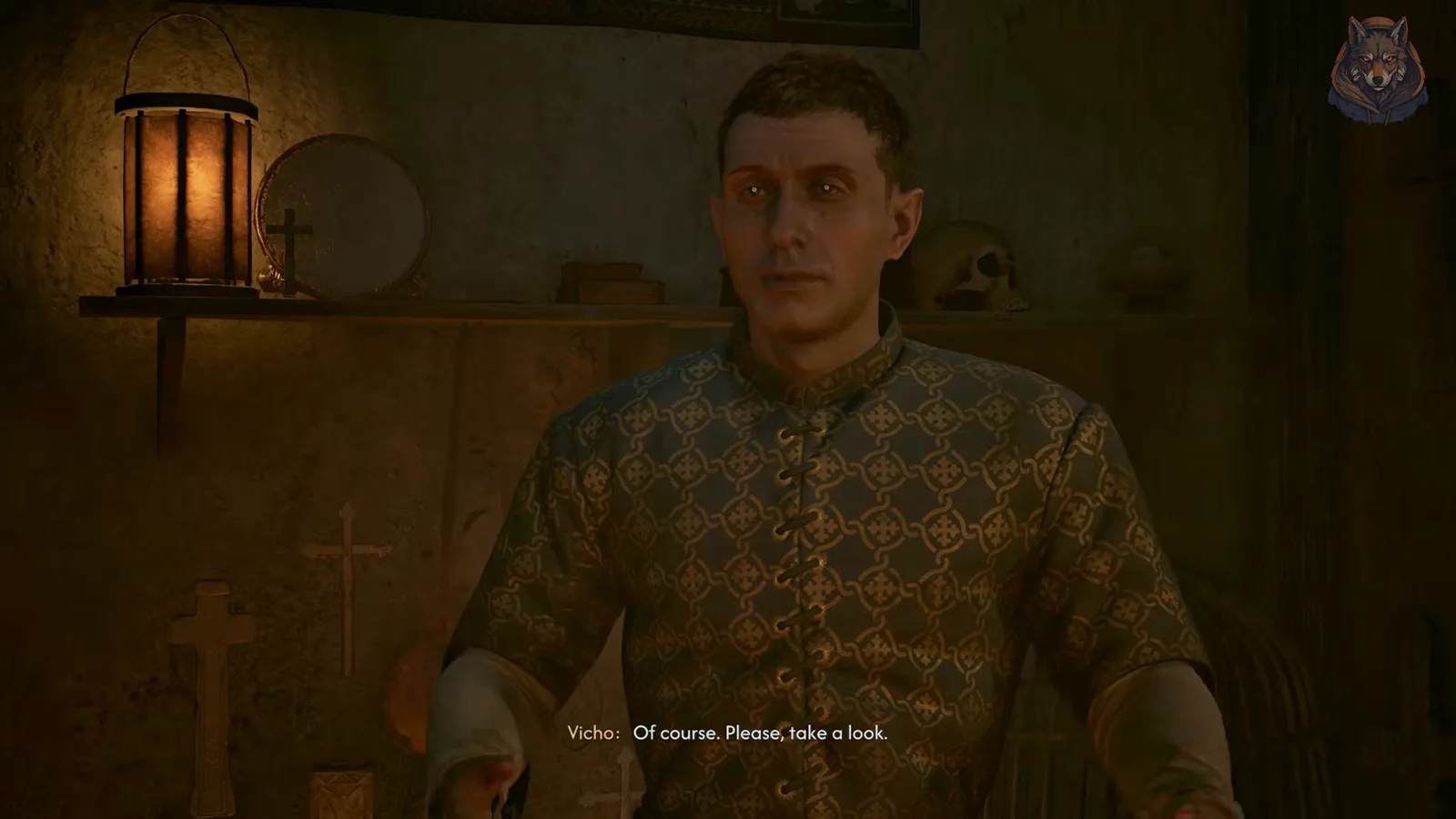 Trader Vitold offering his wares in The Blood of Dawnwalker during a shop dialogue