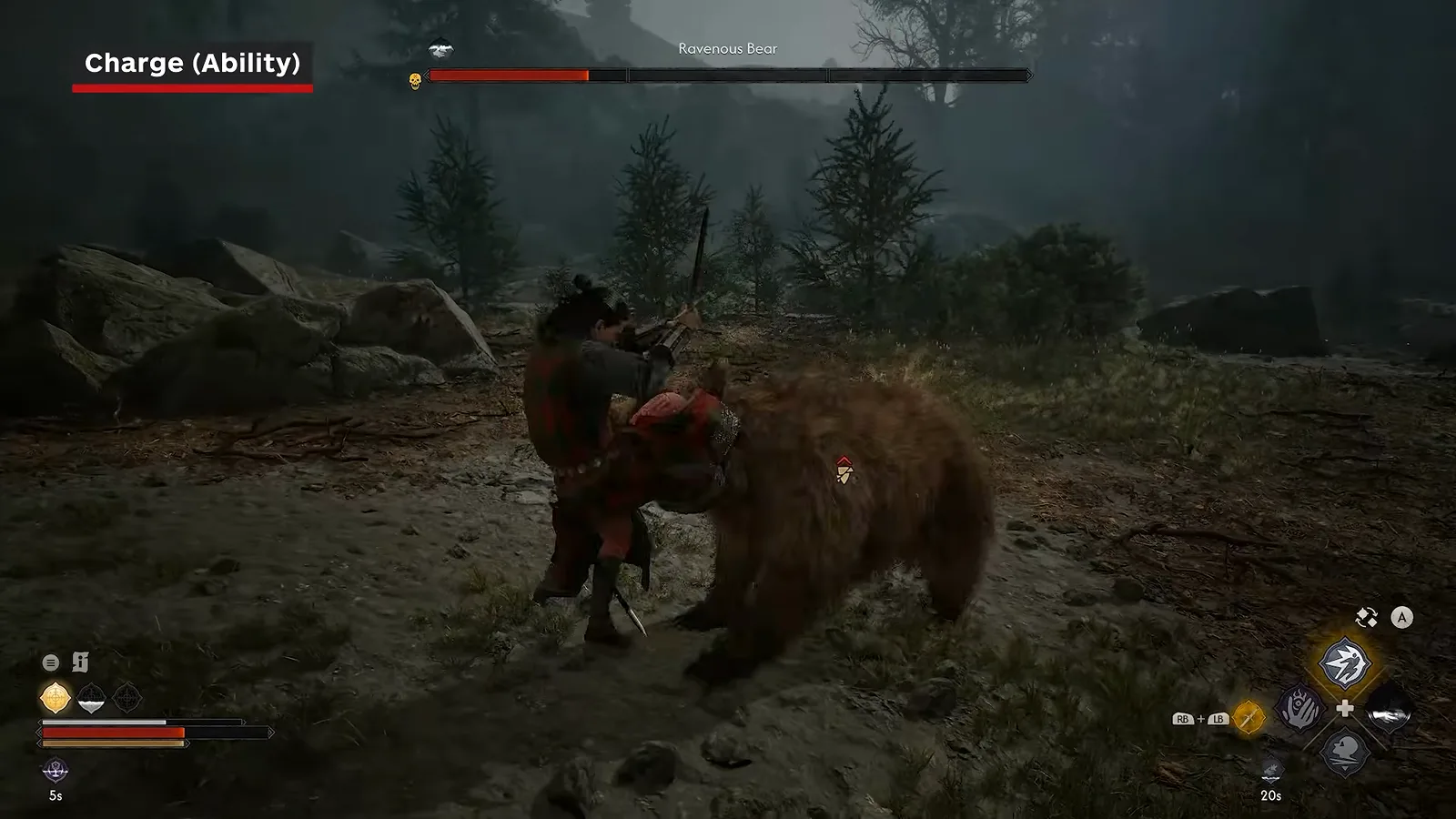 The Charge ability being used against a Ravenous Bear in The Blood of Dawnwalker, with the Charge label on screen and the enemy health bar above
