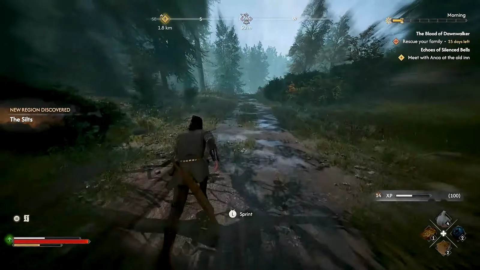 Human Coen sprinting along a forest road in The Blood of Dawnwalker with the Sprint prompt and a newly discovered region notification