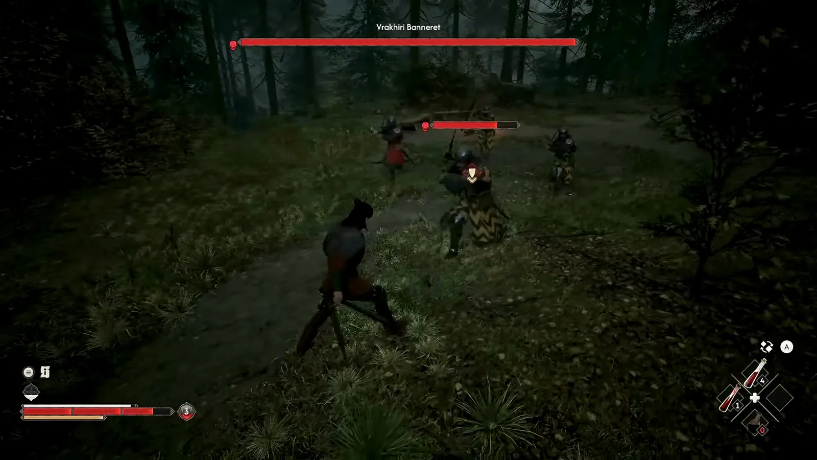 Night-time fight against the elite Vrakhiri Banneret in The Blood of Dawnwalker with multiple armored enemies closing in and the potion wheel on screen