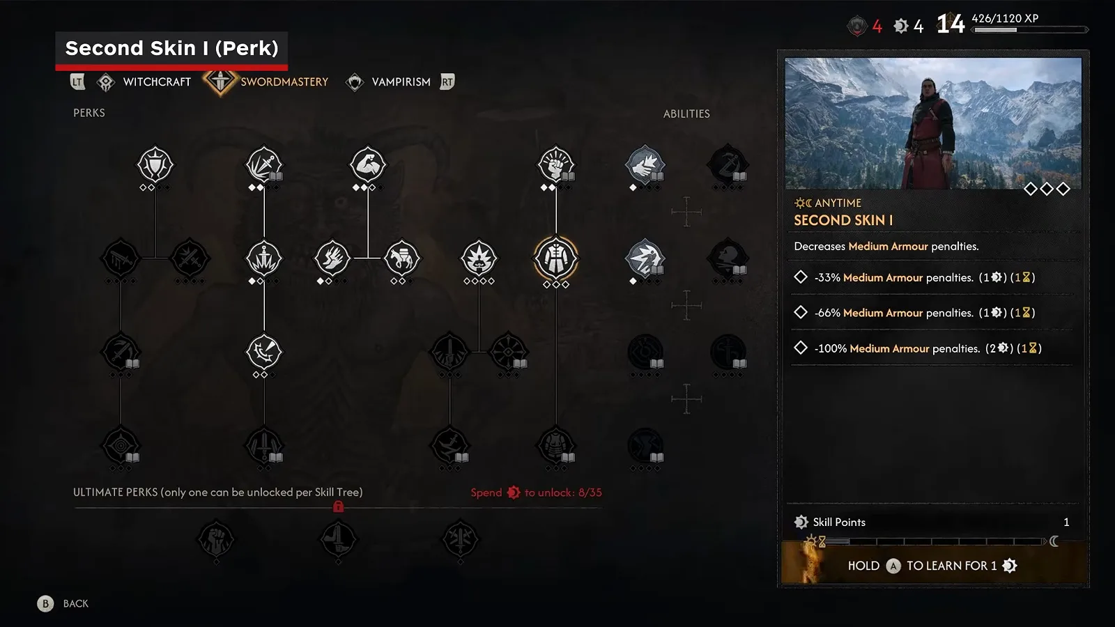 The Swordmaster Second Skin I perk panel in The Blood of Dawnwalker showing the reduced Medium Armour penalty ranks