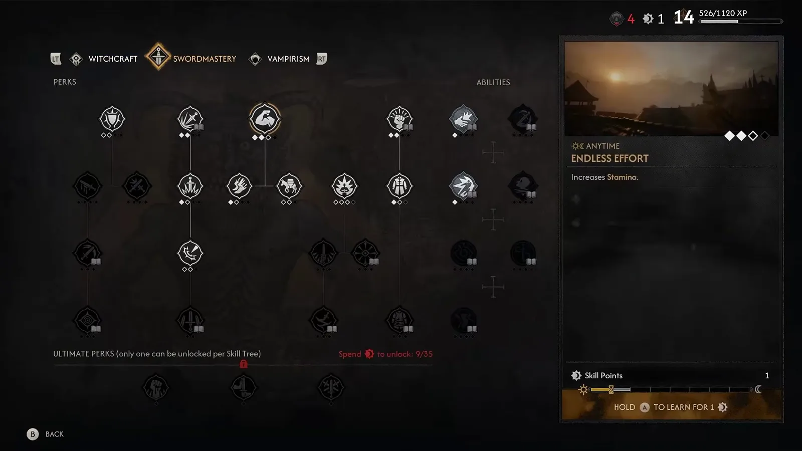 The Swordmastery tree in The Blood of Dawnwalker with the Endless Effort perk open, its ANYTIME sun-and-moon tag visible