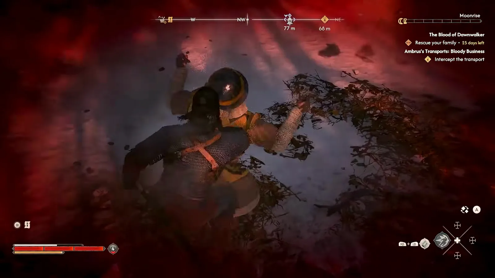 Vampire-form combat at night in The Blood of Dawnwalker, the screen washed in red vampire vision as Coen grapples an enemy during a Moonrise encounter