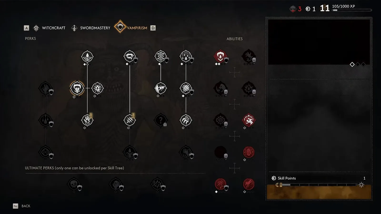 The Vampirism skill tree in The Blood of Dawnwalker showing red ability icons and the goblet badges that mark Corruption-gated nodes