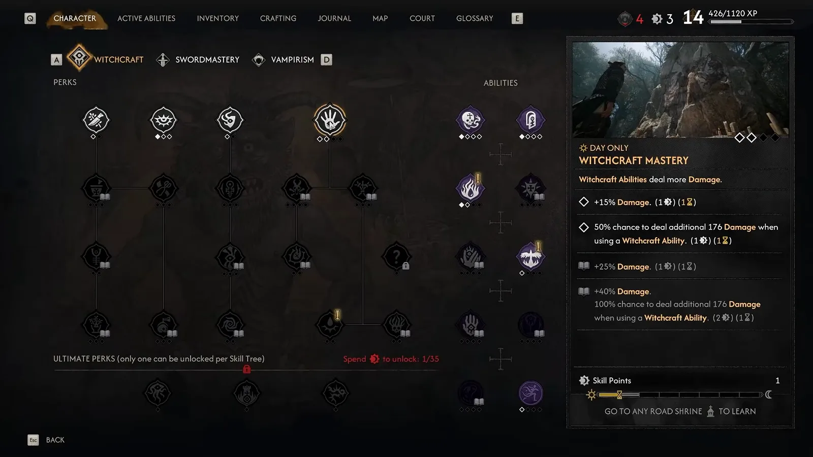 The Witchcraft skill tree in The Blood of Dawnwalker with the Day Only Witchcraft Mastery perk open, listing its damage-boost ranks