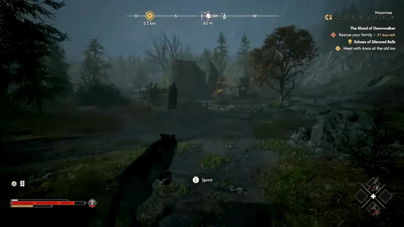 The wolf form sprinting through a moonlit settlement in The Blood of Dawnwalker at night with the Sprint prompt and days-left counter on the HUD