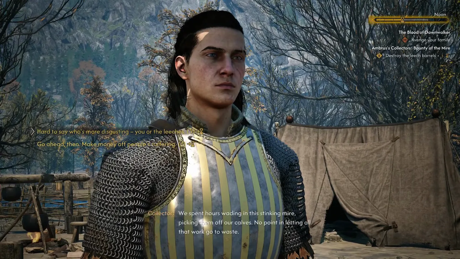 The Blood of Dawnwalker dialogue screen with an Ambrus collector in a striped tabard whose subtitle explains his men spent hours wading into the mire picking leeches off their calves