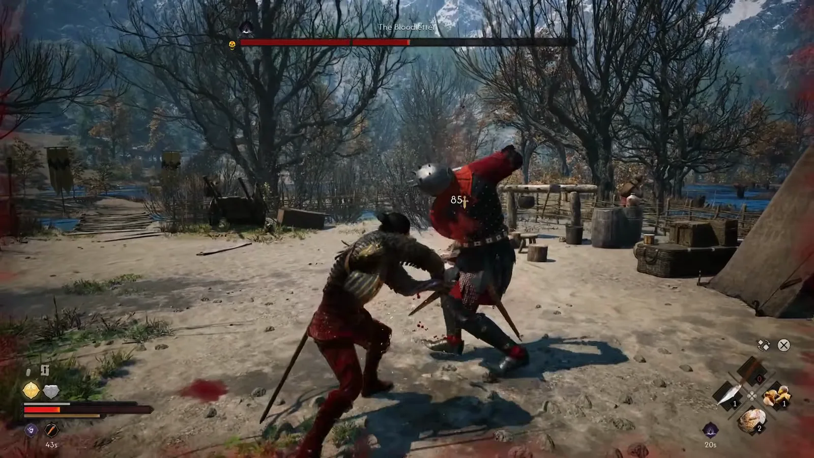 A white 85 damage number with a gold sword icon popping on The Bloodletter's chest in The Blood of Dawnwalker as his three-segment boss bar drops into its second segment