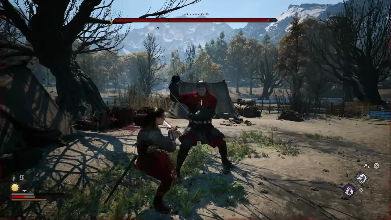 The Blood of Dawnwalker boss bar reading The Bloodletter above a red-coated, dual-wielding sellsword mid-swing at a marsh tent camp while Coen raises his sword