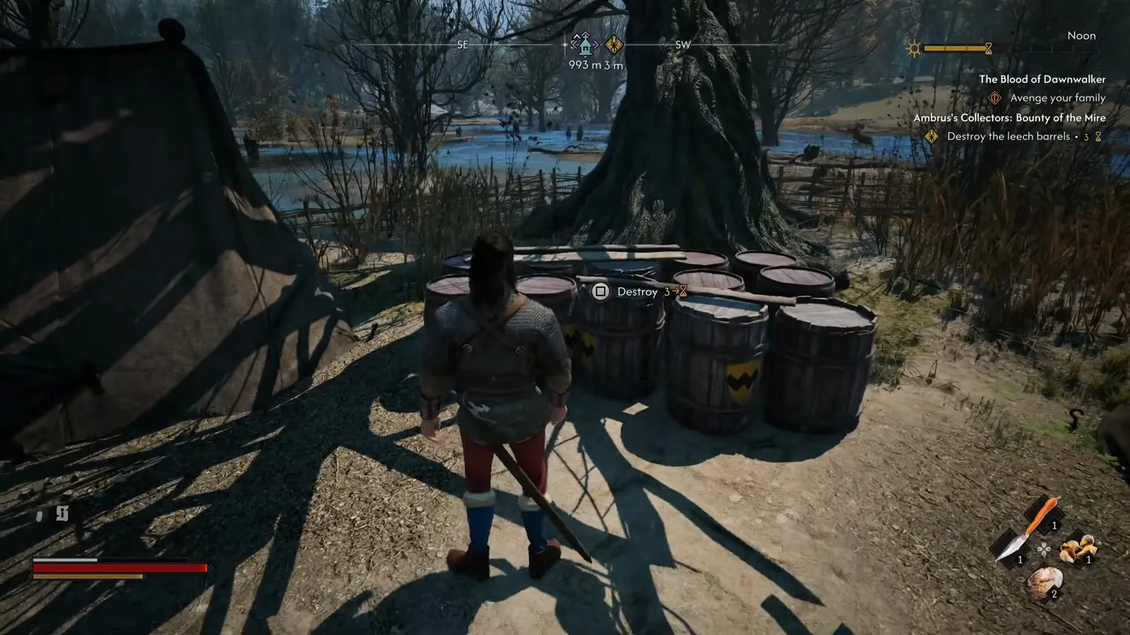 The Destroy interaction prompt over a cluster of yellow-banded leech barrels in The Blood of Dawnwalker with the Bounty of the Mire objective counter and its hourglass timer visible