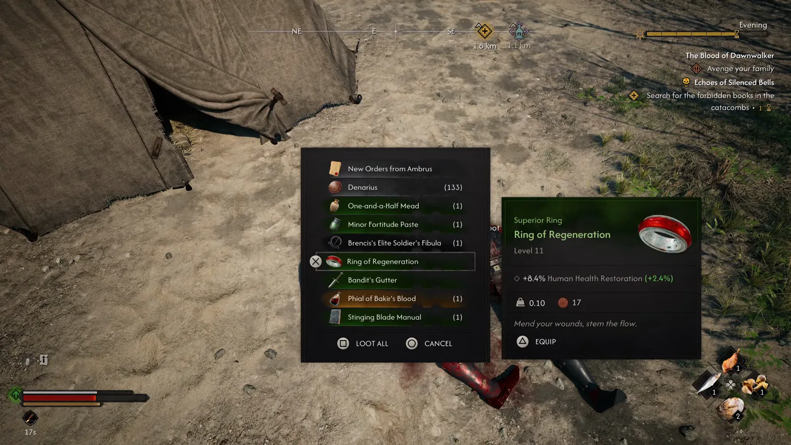 The Bloodletter's loot list in The Blood of Dawnwalker showing the Ring of Regeneration tooltip beside Denarius, Brencis's Elite Soldier's Fibula, a Phial of Bakir's Blood and a Stinging Blade Manual over the corpse