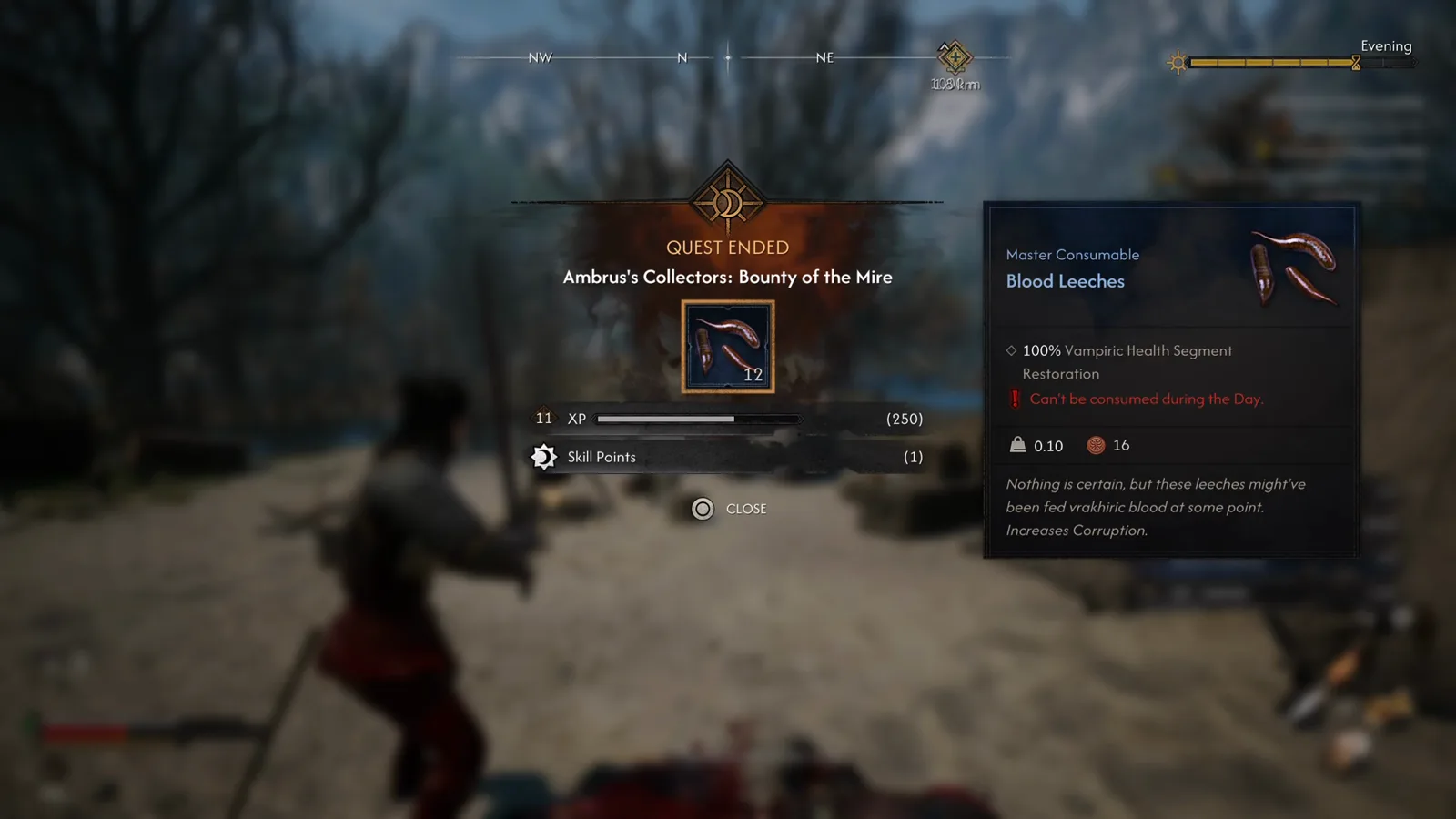 The Blood of Dawnwalker QUEST ENDED panel for Ambrus's Collectors Bounty of the Mire awarding twelve Blood Leeches, 250 experience and one skill point with the number 11 printed beside the XP bar