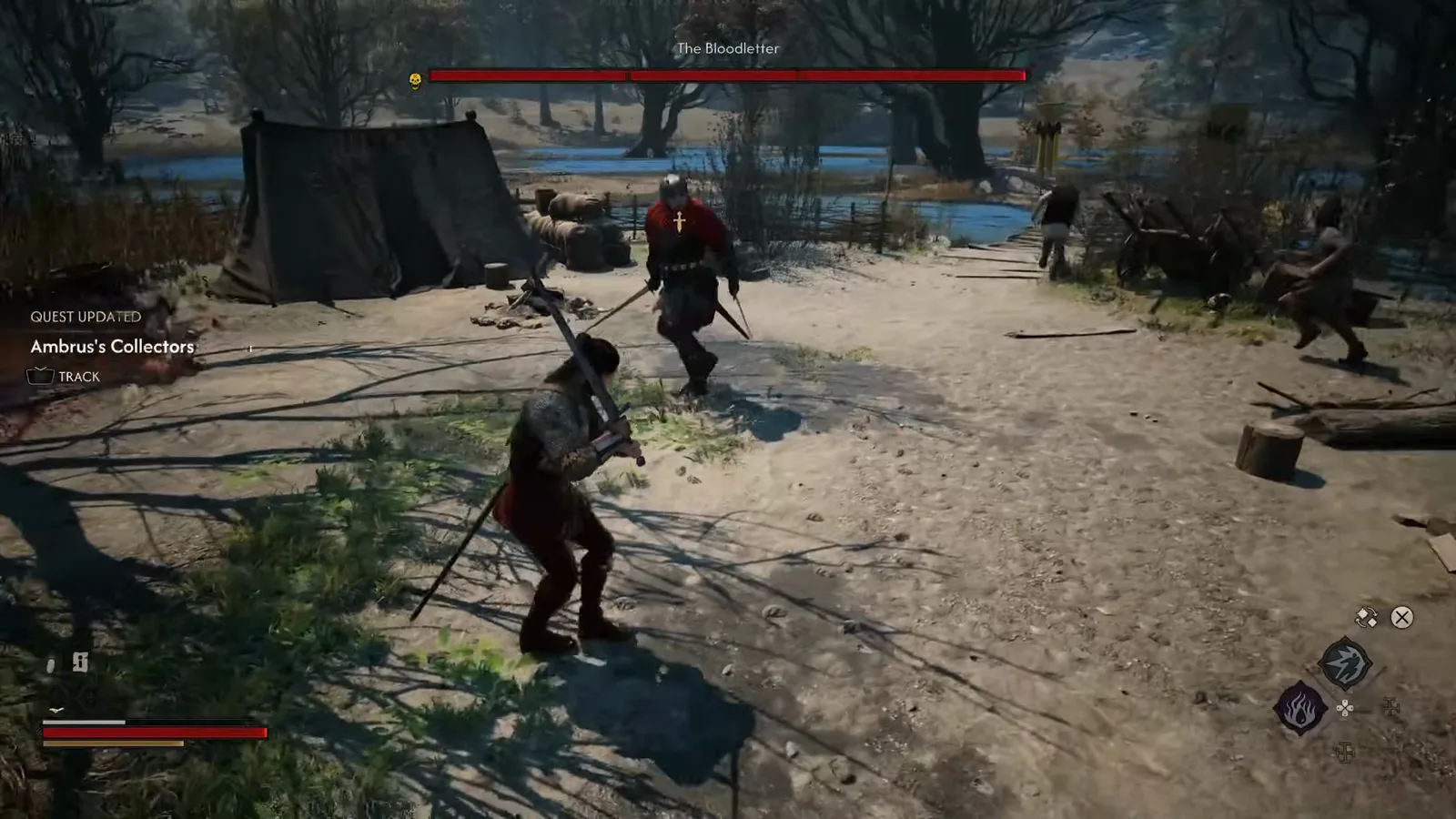 The Bloodletter boss fight restarting in The Blood of Dawnwalker with the QUEST UPDATED Ambrus's Collectors banner while the helmed boss closes the distance holding a sword in each hand