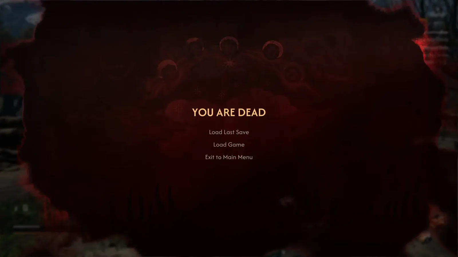 The Blood of Dawnwalker YOU ARE DEAD screen offering Load Last Save, Load Game and Exit to Main Menu after The Bloodletter kills Coen in the leech barrel camp
