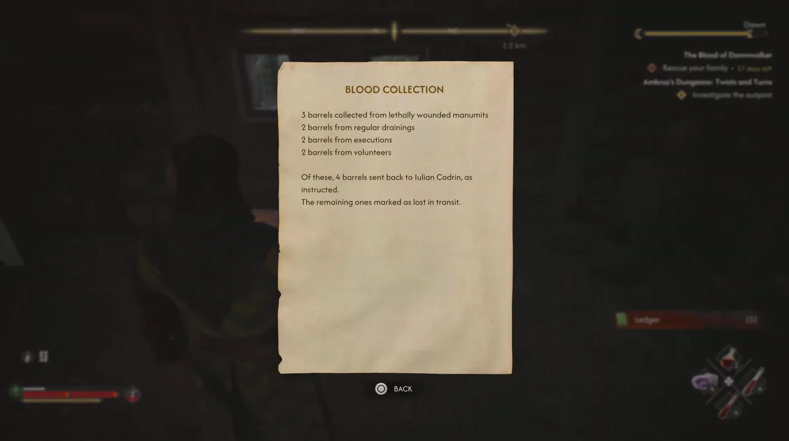 Blood Collection ledger note in The Blood of Dawnwalker counting blood barrels from manumits, drainings, executions and volunteers, with four barrels sent to Iulian Codrin and the rest marked lost in transit