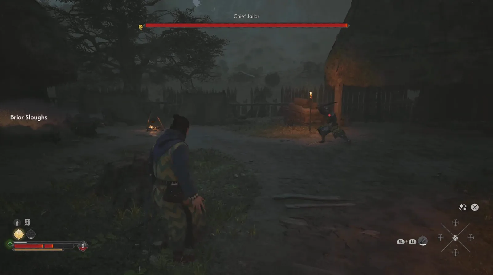 Chief Jailor boss health bar appearing over the Briar Sloughs outpost at dusk in The Blood of Dawnwalker, with the location name displayed on the left of the screen