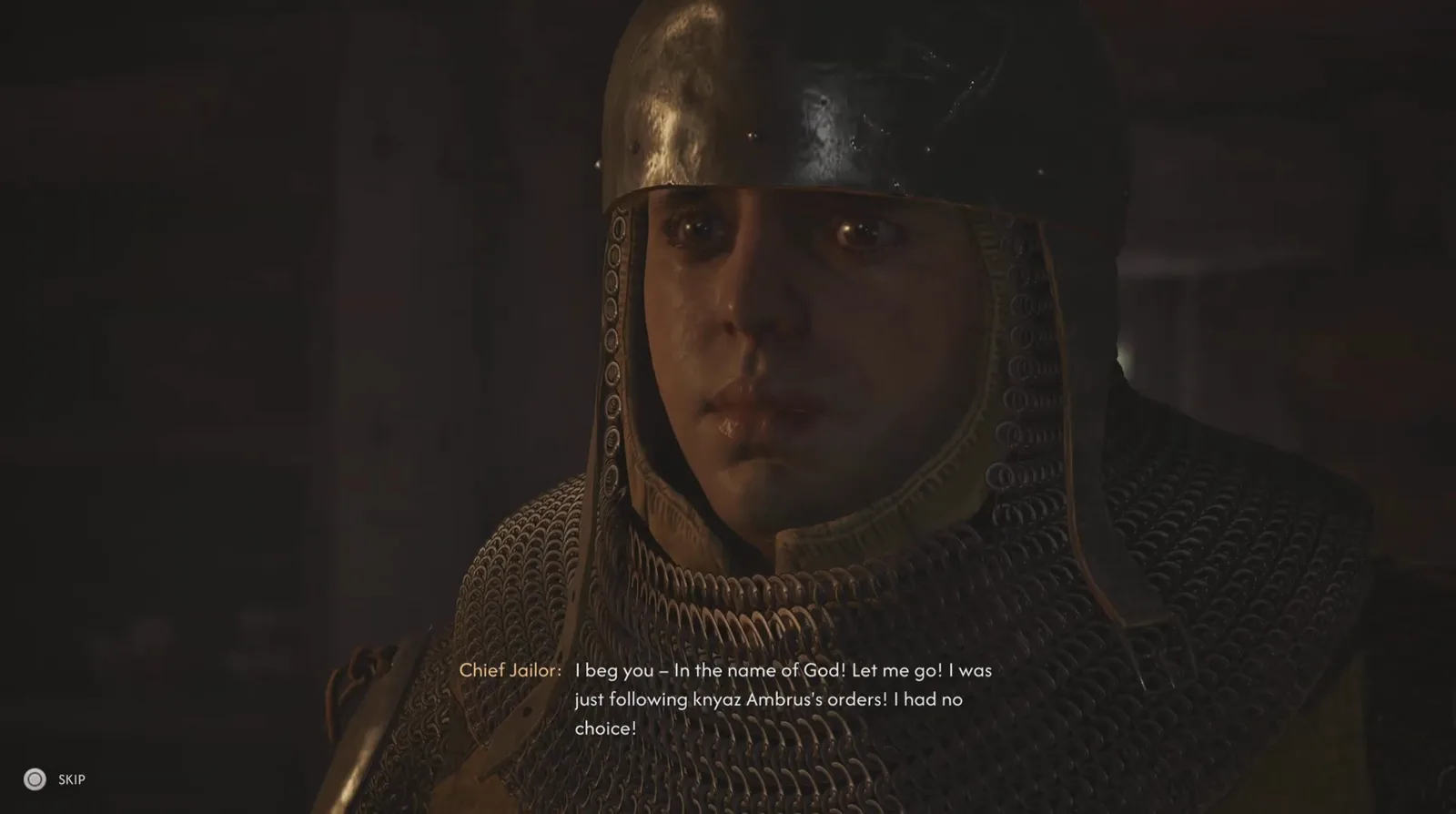 The Blood of Dawnwalker Chief Jailor begging for his life in a cutscene, with the subtitle 'I was just following knyaz Ambrus's orders' shown under a helmeted man in a mail hauberk