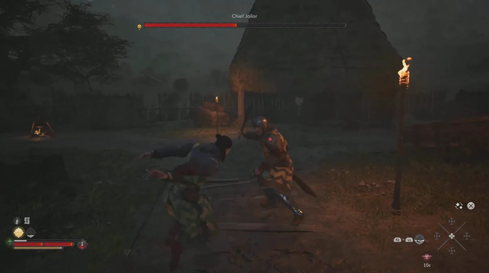 Coen dueling the Chief Jailor beside a torch-lit longhouse in The Blood of Dawnwalker, with the boss health bar dropped to roughly half