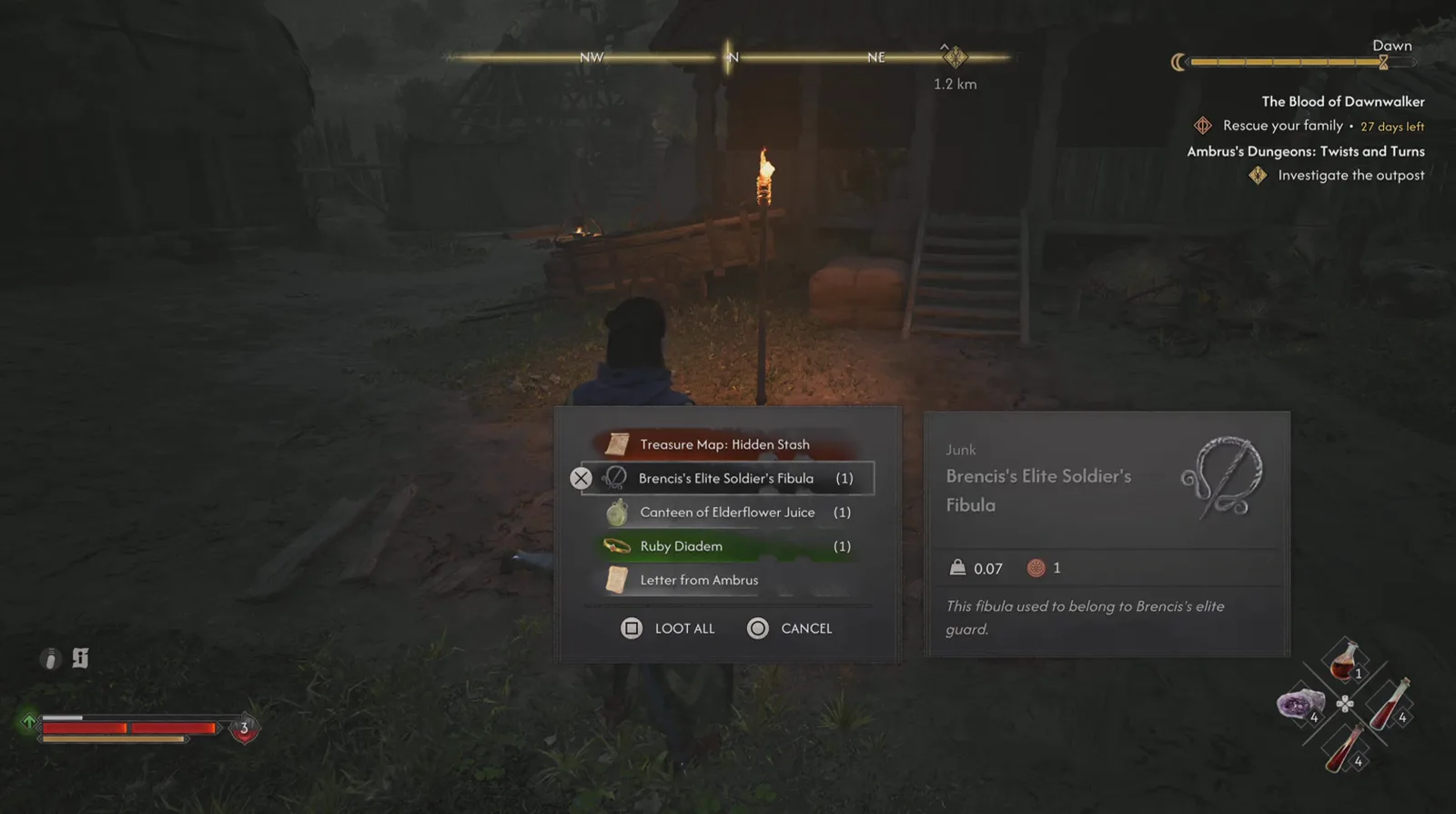 Loot screen after the Chief Jailor fight in The Blood of Dawnwalker listing Treasure Map: Hidden Stash, Brencis's Elite Soldier's Fibula, Canteen of Elderflower Juice, Ruby Diadem and Letter from Ambrus