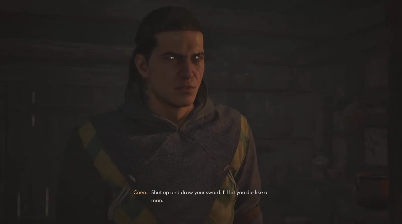 Chief Jailor dialogue choices in The Blood of Dawnwalker showing 'You're not going anywhere', 'Pay me and you walk', 'give in to the hunger' and the plea 'I'll give you everything I own! Just spare me!'