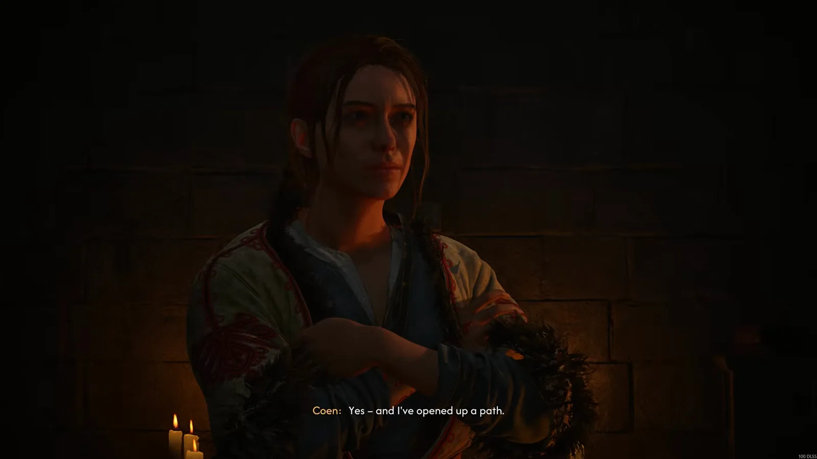 Anca, the herbalist companion, listening to Coen in a candle-lit stone room during the Echoes of Silenced Bells quest in The Blood of Dawnwalker