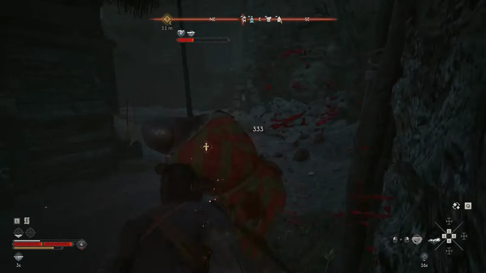 Coen fighting Brencis's red-liveried soldiers in a stone alley while escorting Crake through the ambush in The Blood of Dawnwalker