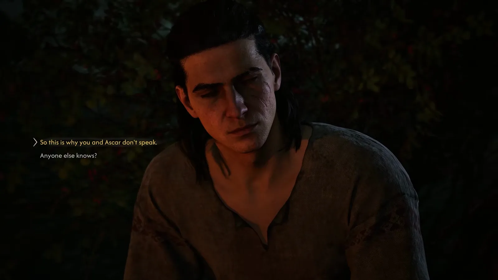Crake confessing to Coen beside a campfire about his father during the Crake companion quest in The Blood of Dawnwalker
