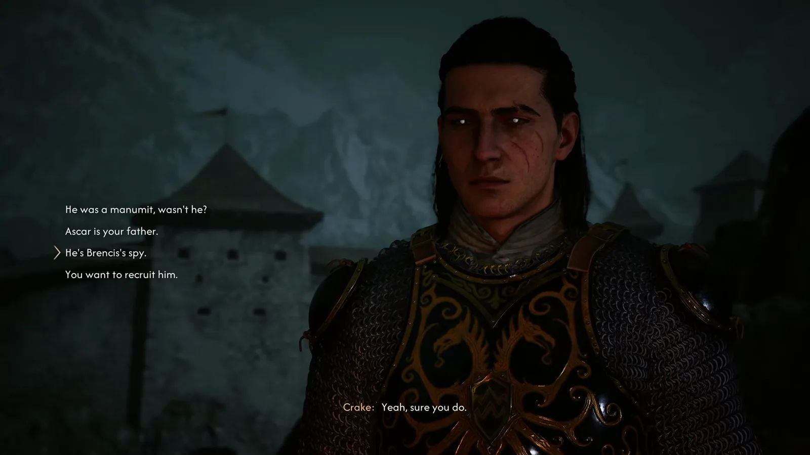 Coen's dialogue options during Crake's recruitment — Ascar is your father, You want to recruit him — in The Blood of Dawnwalker