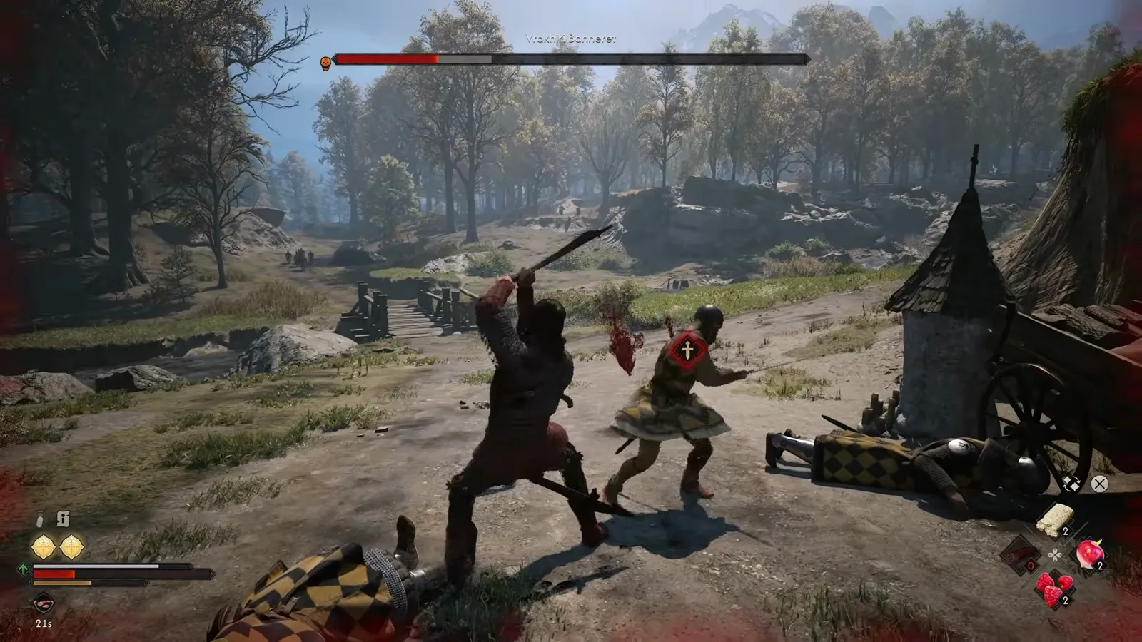 Coen fighting a soldier in open daylight at a camp in The Blood of Dawnwalker, an outpost activity that advances a general's anger meter