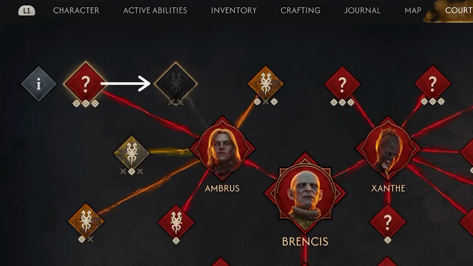 A greyed-out completed node on The Blood of Dawnwalker's court web, showing an operation fully dismantled for one general