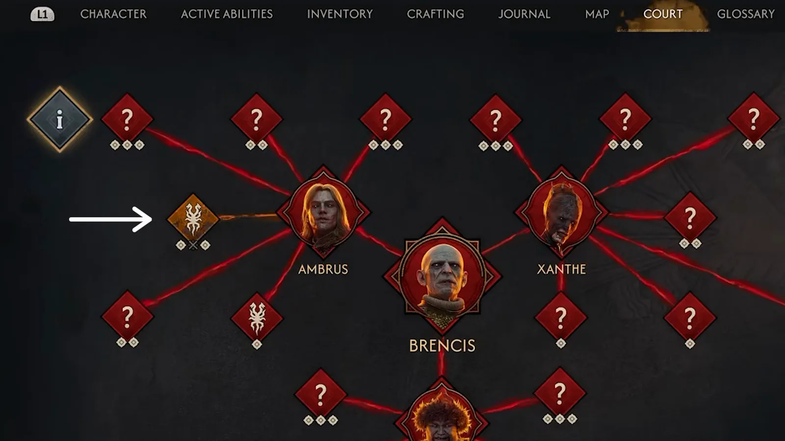 A court node glowing gold on The Blood of Dawnwalker's screen, marking an operation currently in progress against Ambrus