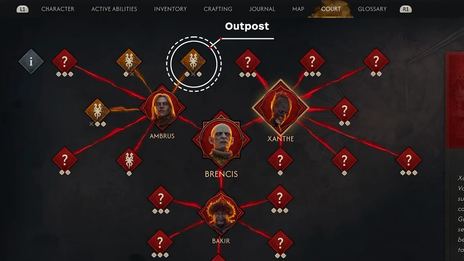 A court node tooltip labelled Outpost on The Blood of Dawnwalker's web, marking a raidable operation tied to one of Brencis's generals