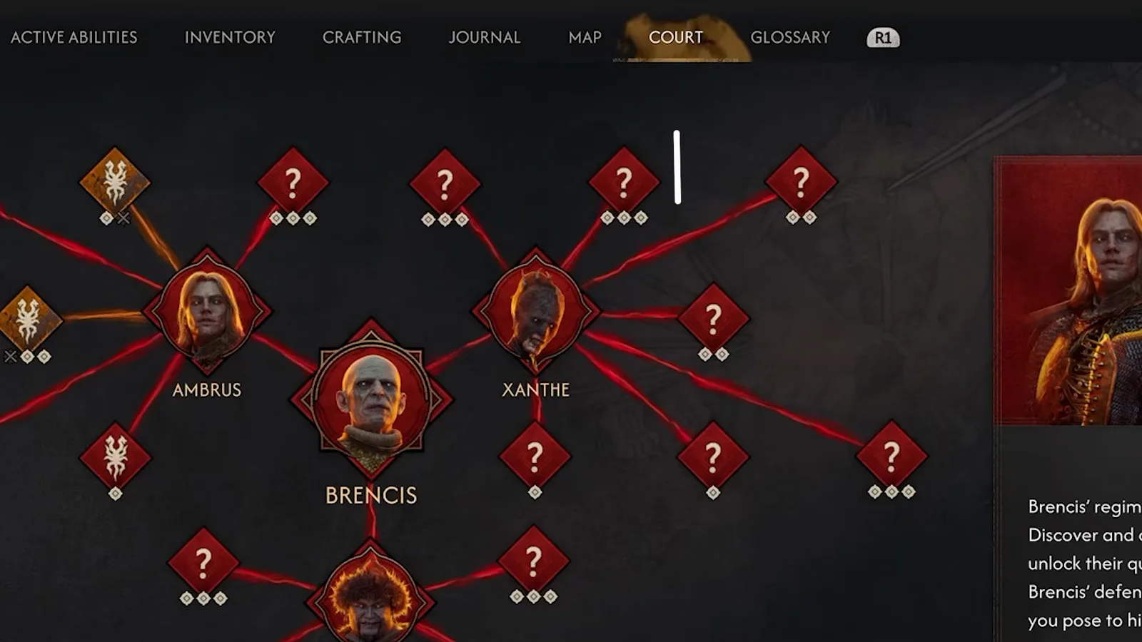 The Court screen in The Blood of Dawnwalker pause menu with Brencis at the centre, the three generals Ambrus, Xanthe and Bakir around him, and Xanthe's dossier panel on the right