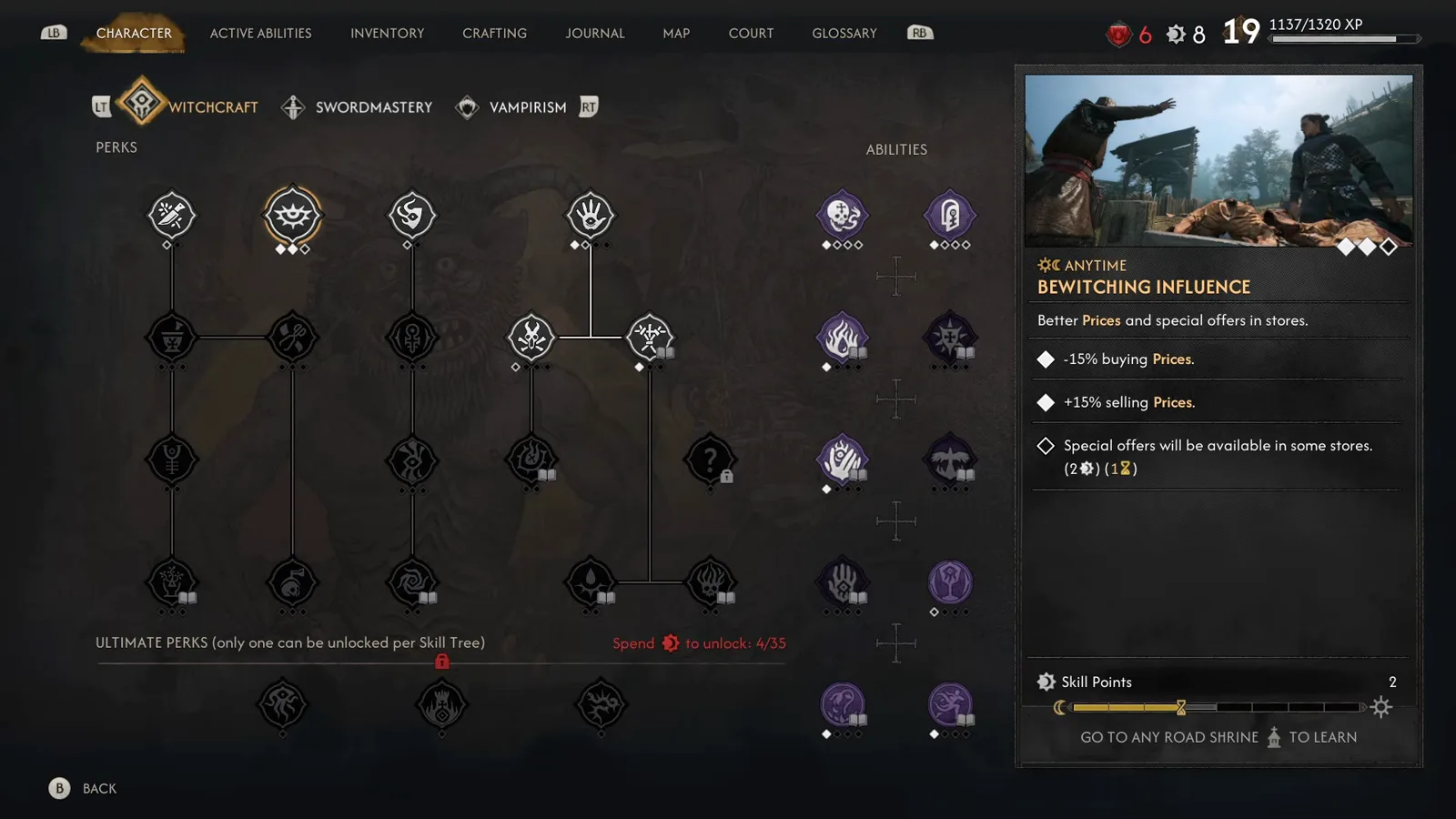 The Bewitching Influence ability card showing +15% selling prices in The Blood of Dawnwalker skill menu