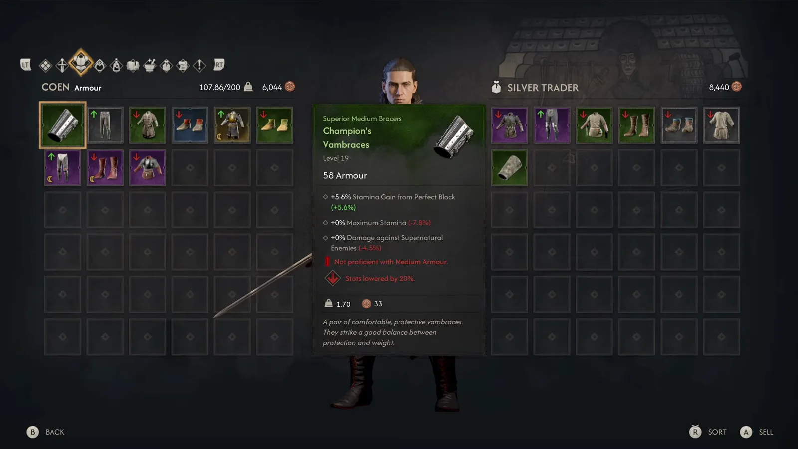Selling Champion's Trousers and other gear at the Silver Trader menu in The Blood of Dawnwalker