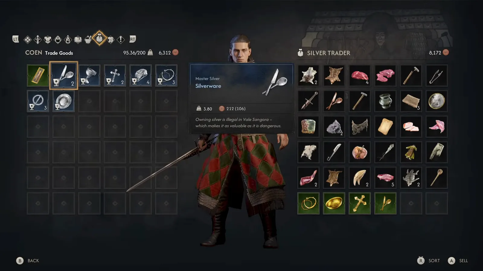 The Silverware trade tooltip stating owning silver is illegal in Vale Sangora in The Blood of Dawnwalker