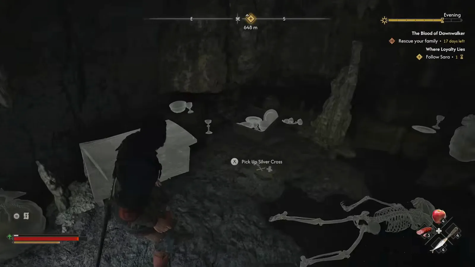 Skeletal remains and loot waiting inside the hidden waterfall cave in The Blood of Dawnwalker
