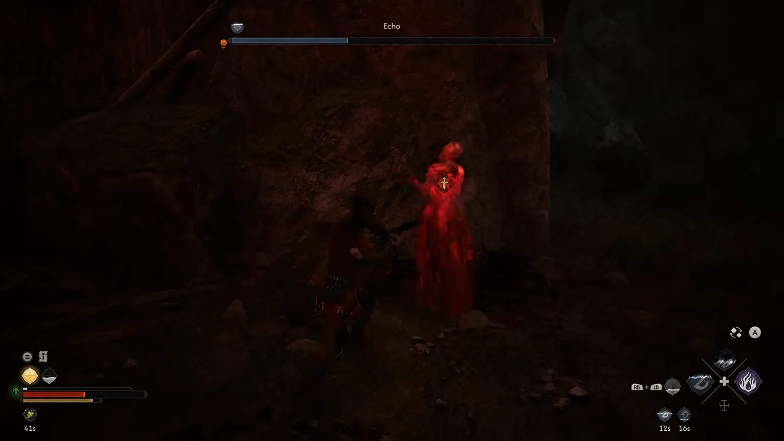 Echo standing between attacks in The Blood of Dawnwalker with ability cooldown timers of 12 and 16 seconds visible on the lower-right skill dial
