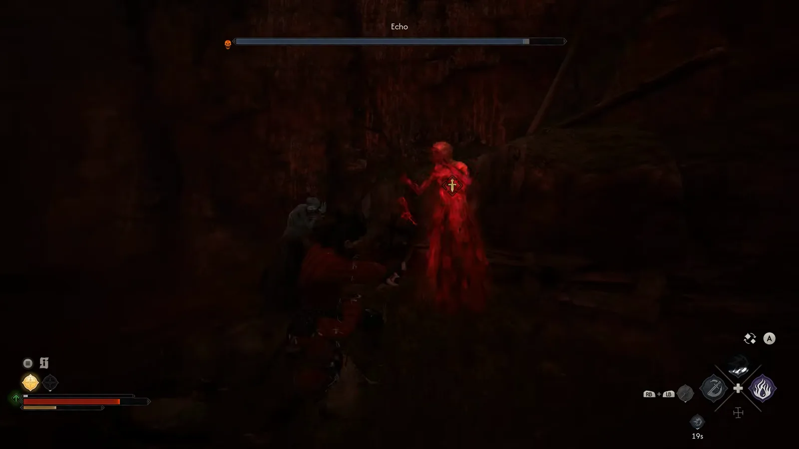The Echo boss as a glowing red spectral wraith beside a grey ghastly thrall in The Blood of Dawnwalker, with the single-segment Echo health bar and skull marker across the top