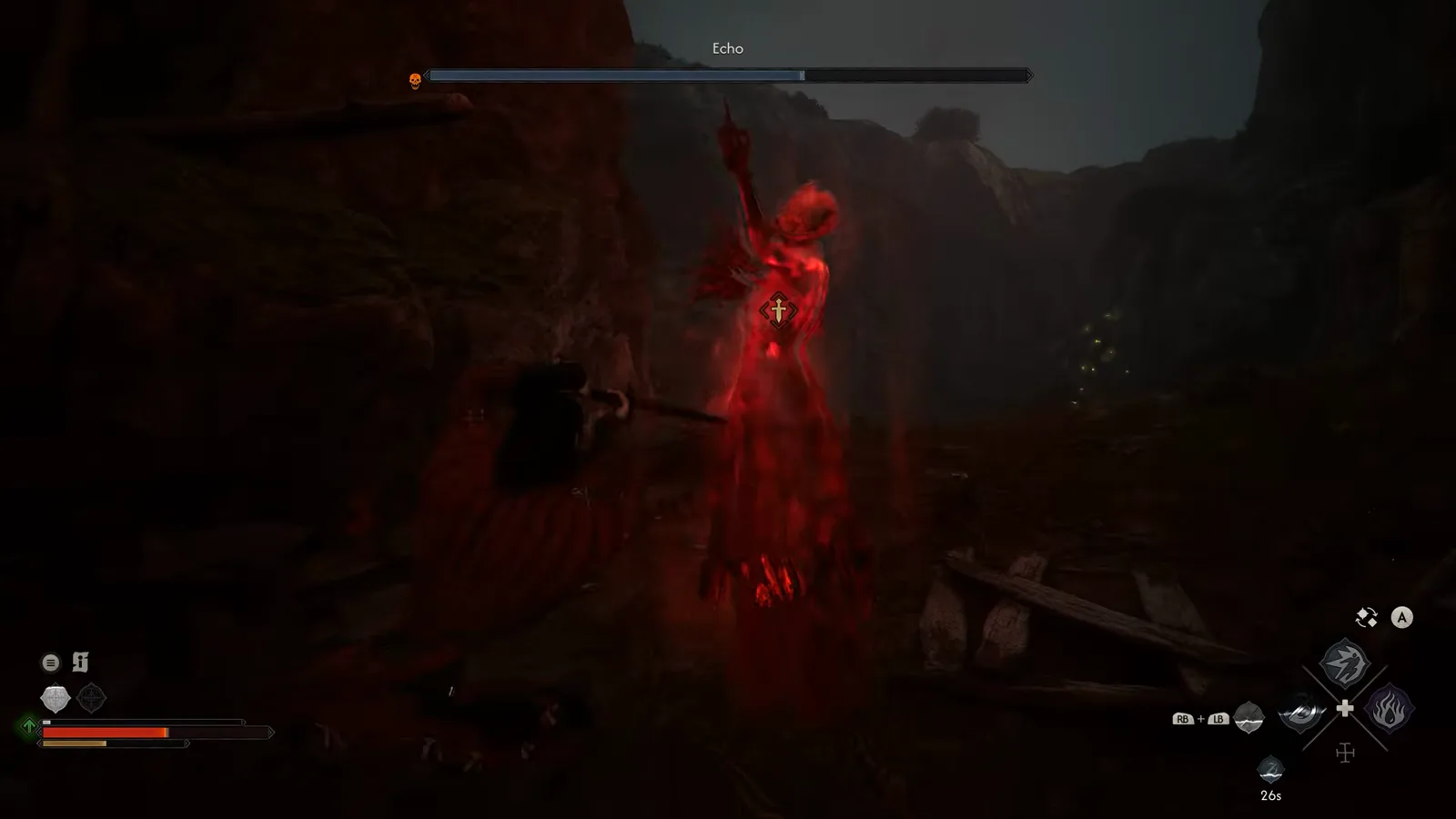 The Blood of Dawnwalker Echo fight showing the red wraith raising its arm to cast while the protagonist lunges into the recovery window with a sword thrust