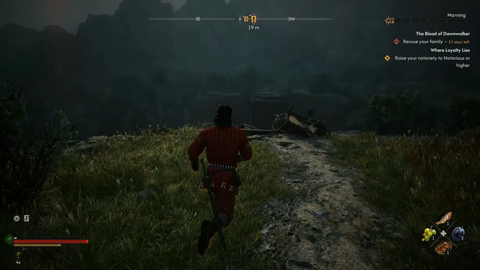 A shattered wooden cart and broken bridge beams at the edge of The Cursed Chasm in The Blood of Dawnwalker, matching the narrator's line about beams broken with inhuman strength