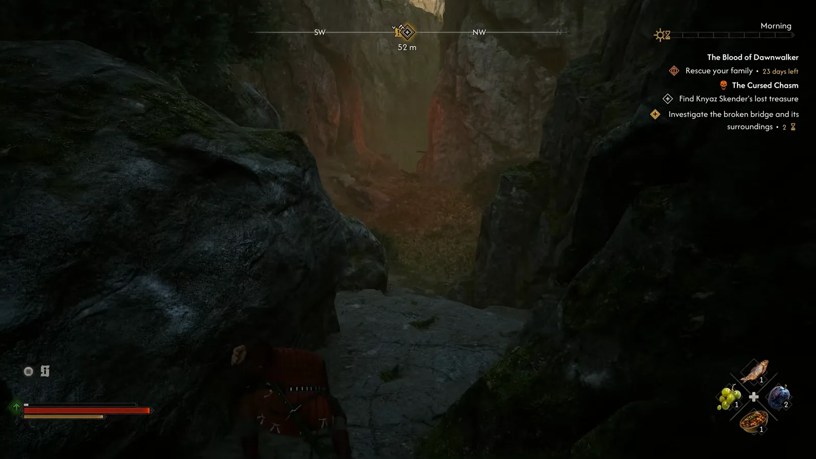 The red-lit walls of The Cursed Chasm in The Blood of Dawnwalker with the quest log objective 'Find Knyaz Skender's lost treasure' and 'Investigate the broken bridge and its surroundings' on the right
