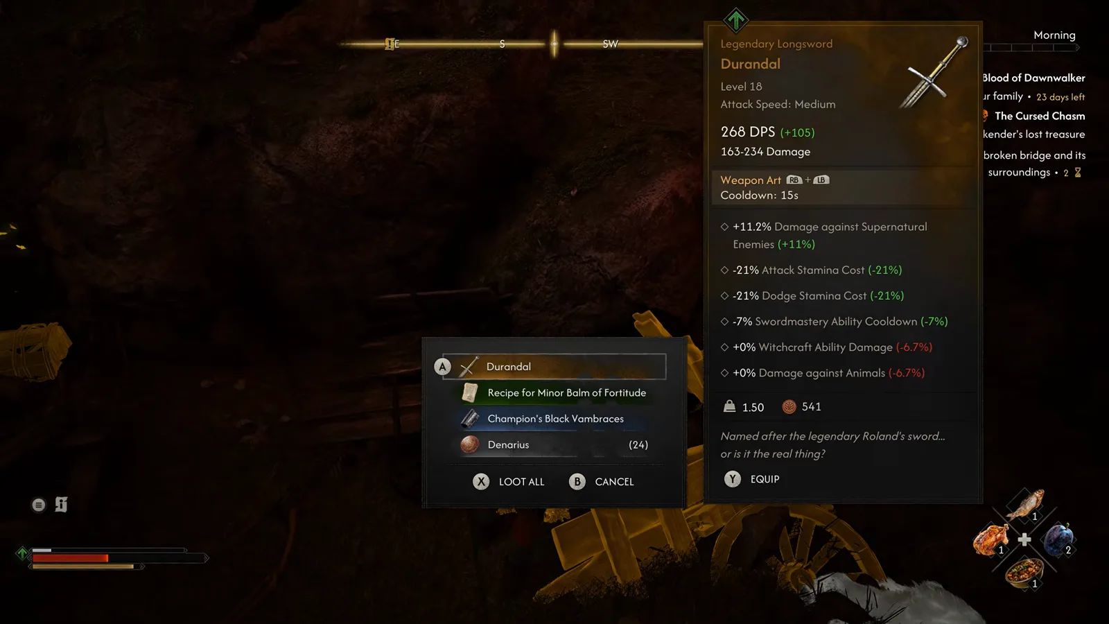 The Durandal Legendary Longsword loot card in The Blood of Dawnwalker listing Level 18, 268 DPS, 163-234 Damage and +11.2% damage against supernatural enemies