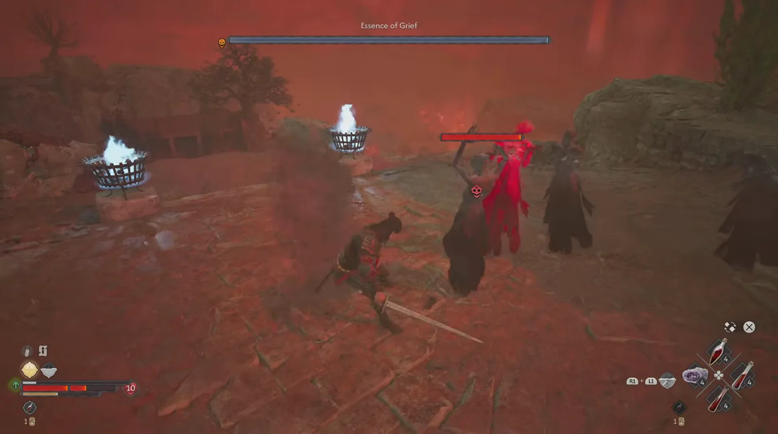 Essence of Grief boss bar in The Blood of Dawnwalker sitting above a glowing red female apparition whose own red target bar carries the unblockable skull marker