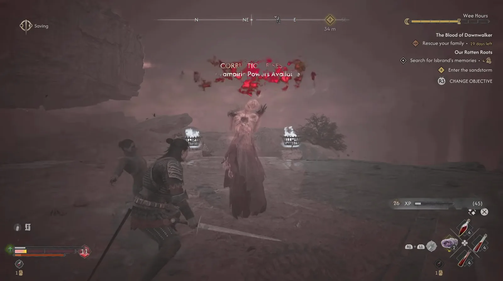 CORRUPTION RISES and New Vampiric Powers Available banner over the dissolving pale form of the Essence of Grief with the Our Rotten Roots tracker still on screen